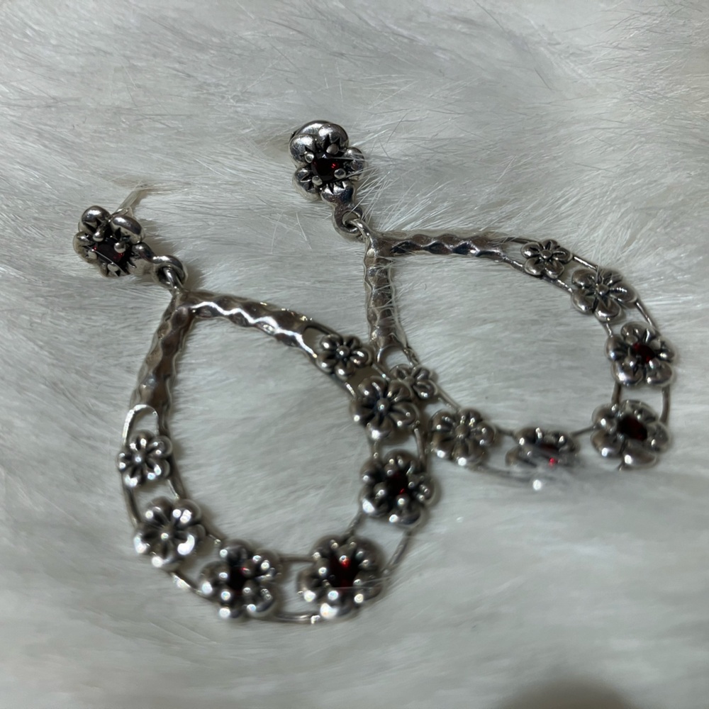 Sterling Silver Garnet Floral Teardrop Earrings - Picture 2 of 6